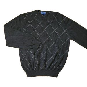 Joseph & Lyman Men's Large 100% Cashmere Knit Sweater Black Argyle Round Neck LS